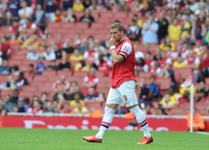 Framed Print : Arsenal's Lukas Podolski in Action against Aston Villa (2013-14 Premier League) Framed Print : Arsenal's Lukas Podolski in Action against Aston Villa (2013-14 Premier League)