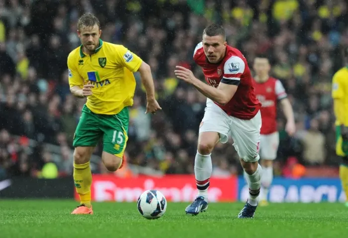 Framed Print : Arsenal's Lukas Podolski Outmaneuvers Norwich's David Fox in 2012-13 Premier League Clash Framed Print : Arsenal's Lukas Podolski Outmaneuvers Norwich's David Fox in 2012-13 Premier League Clash
