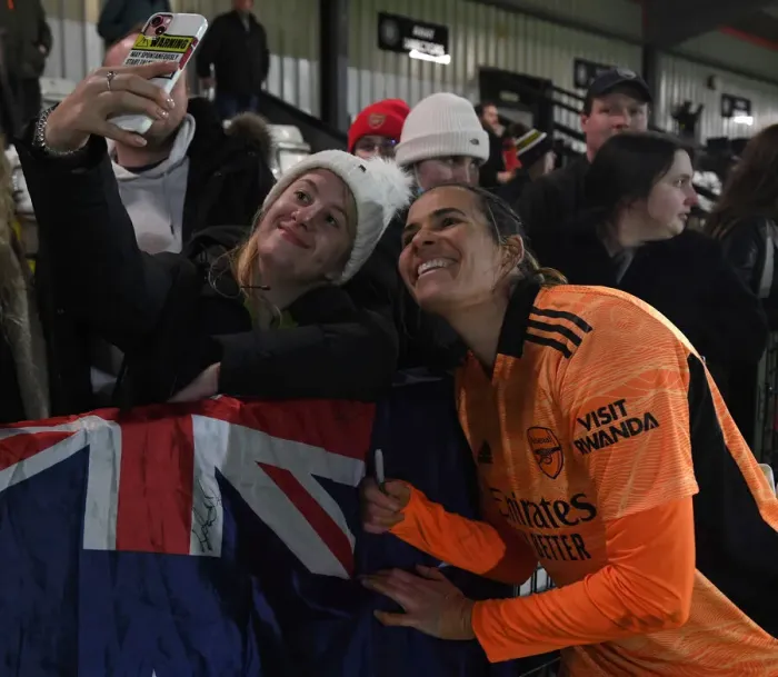 Framed Print : Arsenal's Lydia Williams and Fan Celebrate FA Cup Quarterfinal Victory with Selfie Framed Print : Arsenal's Lydia Williams and Fan Celebrate FA Cup Quarterfinal Victory with Selfie