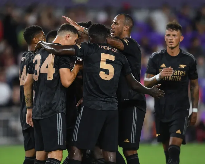 Framed Print : Arsenal's Magalhaes Celebrates Nelson's Goal in Orlando Pre-Season Win Framed Print : Arsenal's Magalhaes Celebrates Nelson's Goal in Orlando Pre-Season Win