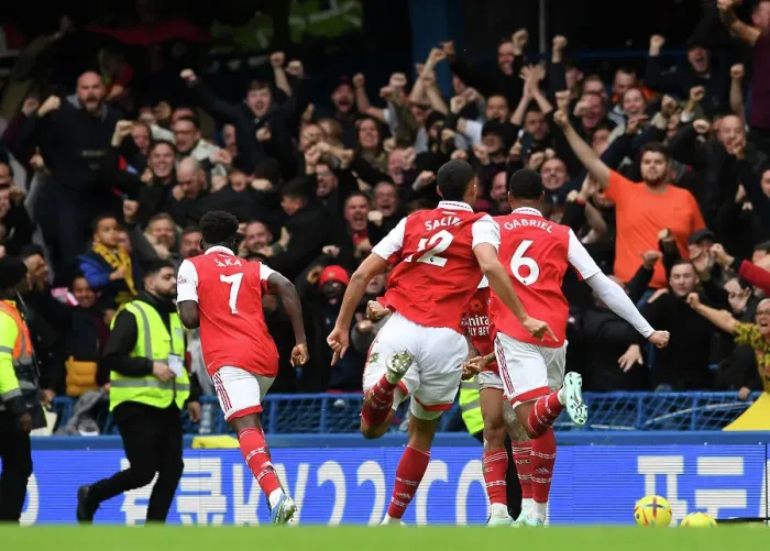 Framed Print : Arsenal's Magalhaes and Saka Celebrate Goal Against Chelsea in 2022-23 Premier League Framed Print : Arsenal's Magalhaes and Saka Celebrate Goal Against Chelsea in 2022-23 Premier League