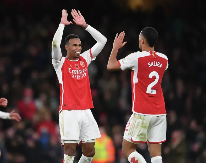 Framed Print : Arsenal's Magalhaes and Saliba: Victory Celebration (2023-24)
