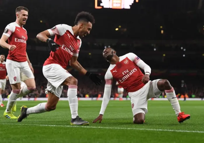 Framed Print : Arsenal's Maitland-Niles and Aubameyang Celebrate Goals: Europa League Victory over Stade Rennais (2018-19) Framed Print : Arsenal's Maitland-Niles and Aubameyang Celebrate Goals: Europa League Victory over Stade Rennais (2018-19)
