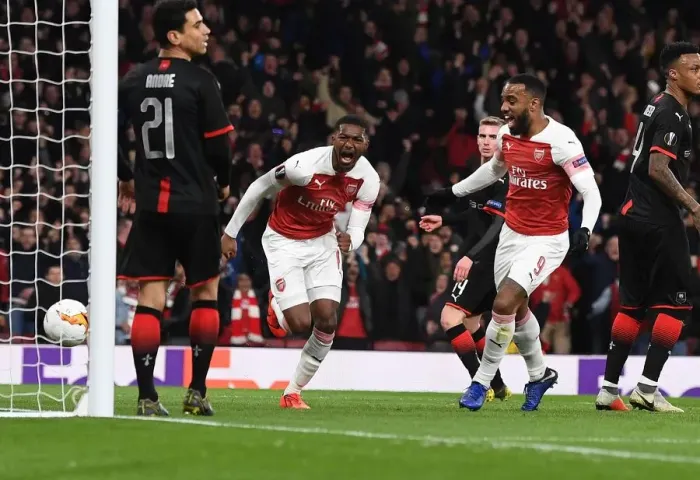 Framed Print : Arsenal's Maitland-Niles and Lacazette: Celebrating Goals in Europa League Victory (2018-19)