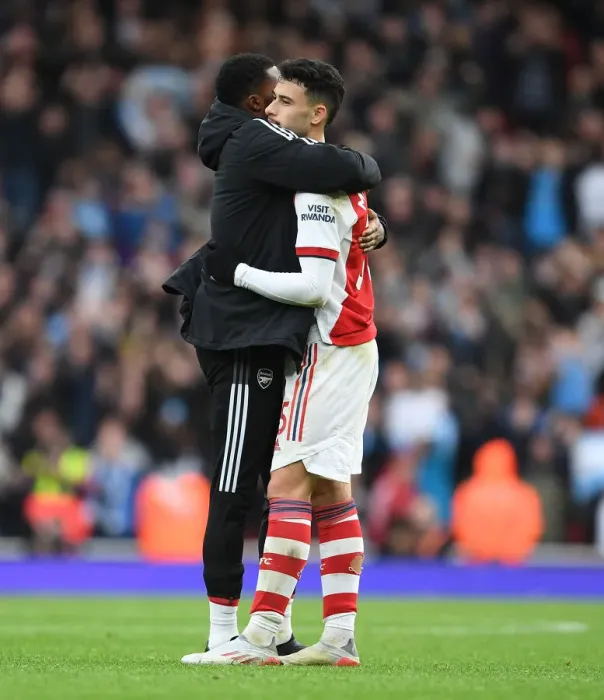 Framed Print : Arsenal's Maitland-Niles and Martinelli Celebrate after Arsenal vs Manchester City, Premier League 2021-22