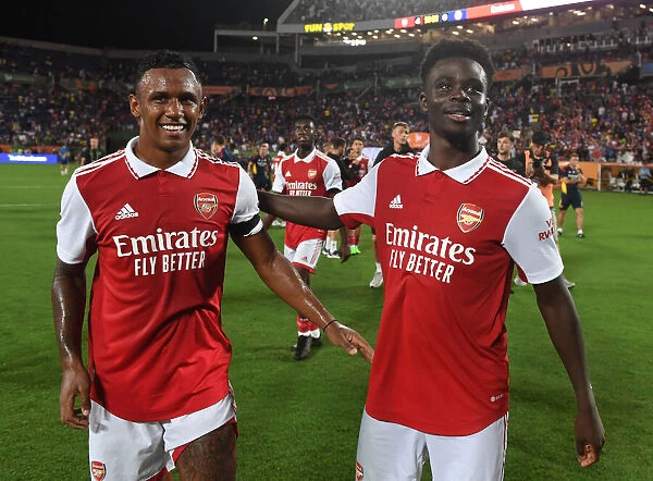 Arsenal's Marquinhos and Bukayo Saka Celebrate after Arsenal's Pre-Season Victory over Chelsea in the Florida Cup (2022-23)