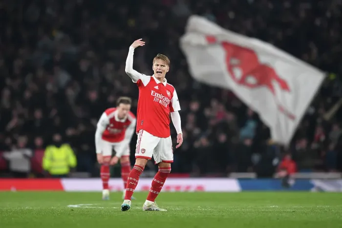 Framed Print : Arsenal's Martin Odegaard Celebrates at Emirates Stadium: Arsenal FC vs Southampton FC, Premier League 2022-23