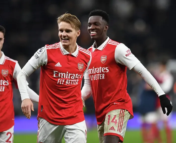 Framed Print : Arsenal's Martin Odegaard and Eddie Nketiah in Action against Tottenham Hotspur - Premier League 2022-23