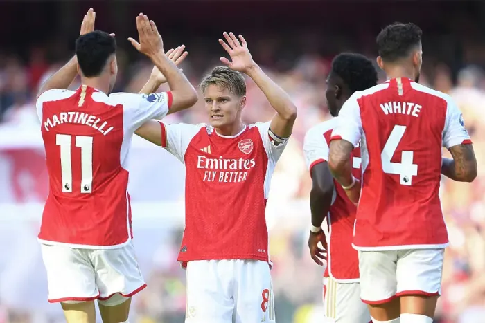 Framed Print : Arsenal's Martin Odegaard and Gabriel Martinelli Celebrate First Goal Against Manchester United (2023-24) Framed Print : Arsenal's Martin Odegaard and Gabriel Martinelli Celebrate First Goal Against Manchester United (2023-24)