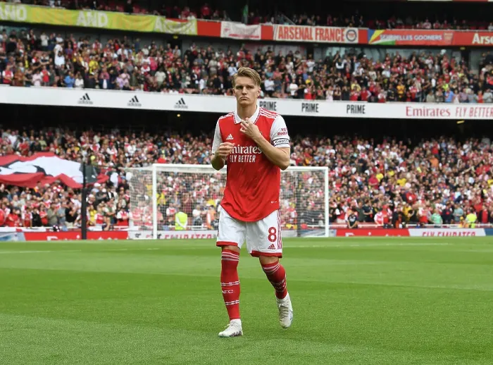 Framed Print : Arsenal's Martin Odegaard Gears Up Before Arsenal v Brighton & Hove Albion, Premier League 2022-23