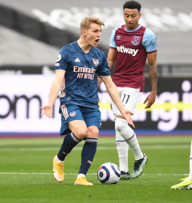 Framed Print : Arsenal's Martin Odegaard at Empty London Stadium: West Ham United vs Arsenal, Premier League 2021