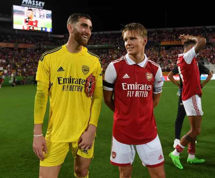 Framed Print : Arsenal's Martin Odegaard and Matt Turner Reunite After Chelsea Clash in Florida Cup