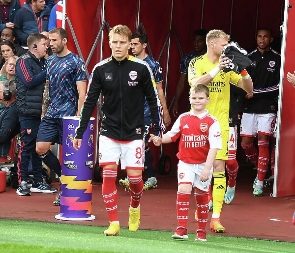 Arsenal's Martin Odegaard Meets the Mascot Before Arsenal v Nottingham Forest, 2022-23 Premier League