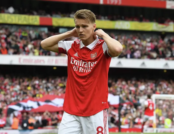 Framed Print : Arsenal's Martin Odegaard Prepares for Arsenal v Brighton & Hove Albion in Premier League 2022-23