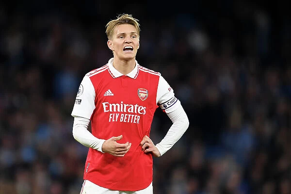Arsenal's Martin Odegaard Reacts During Manchester City vs Arsenal Premier League Clash (2022-23)
