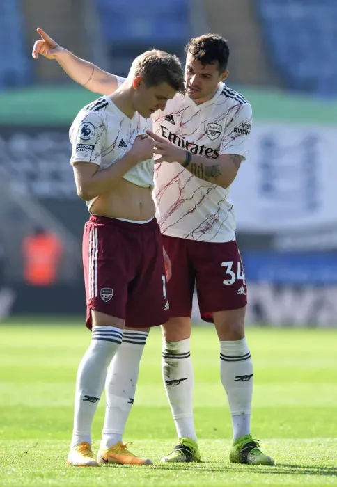 Framed Print : Arsenal's Martin Odegaard Receives Instructions from Granit Xhaka During Leicester City Match, Premier League 2020-21 Framed Print : Arsenal's Martin Odegaard Receives Instructions from Granit Xhaka During Leicester City Match, Premier League 2020-21