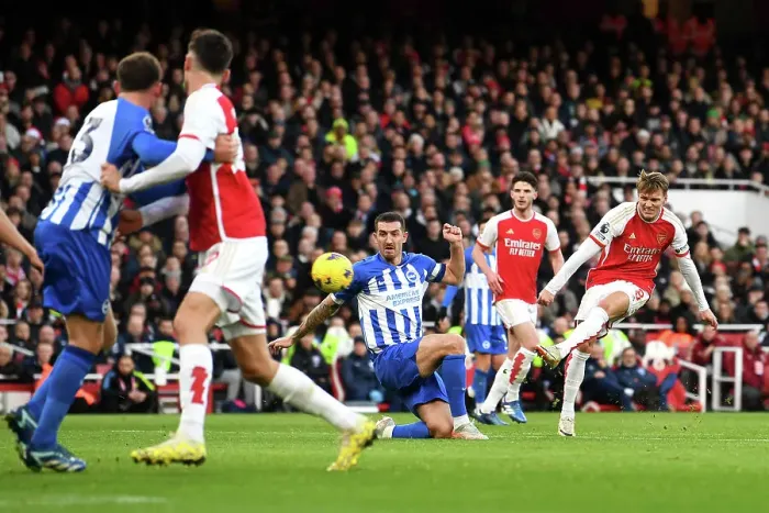 Framed Print : Arsenal's Martin Odegaard Scores at Emirates Stadium: Arsenal FC vs Brighton & Hove Albion, Premier League 2023-24