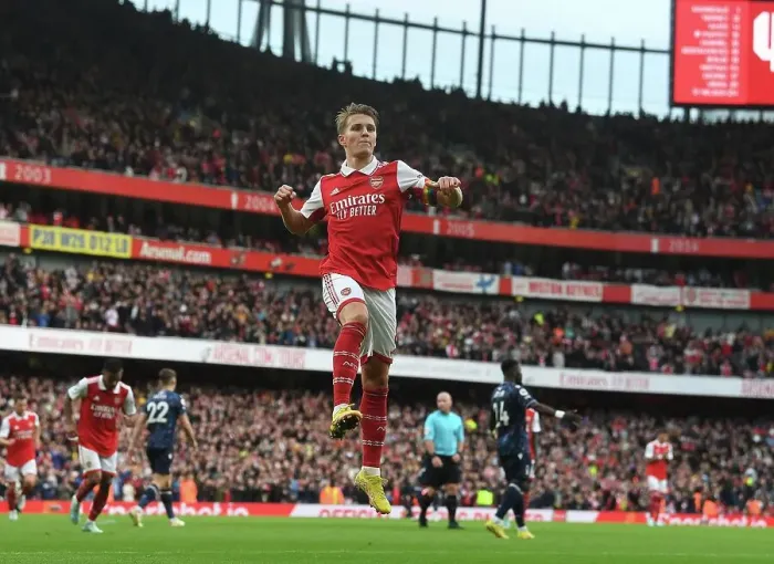 Framed Print : Arsenal's Martin Odegaard Scores Fifth Goal in Thrilling Victory over Nottingham Forest (2022-23) Framed Print : Arsenal's Martin Odegaard Scores Fifth Goal in Thrilling Victory over Nottingham Forest (2022-23)
