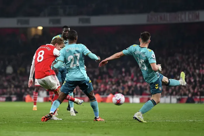 Framed Print : Arsenal's Martin Odegaard Scores Second Goal Against Southampton in 2022-23 Premier League Framed Print : Arsenal's Martin Odegaard Scores Second Goal Against Southampton in 2022-23 Premier League