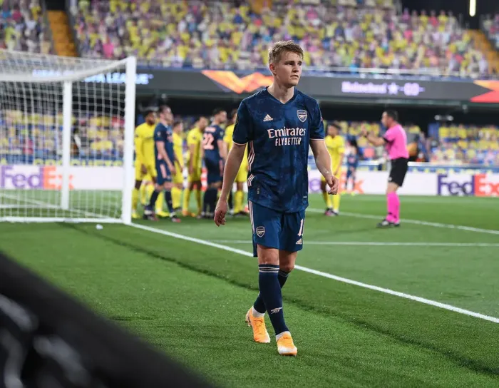 Framed Print : Arsenal's Martin Odegaard Substituted in UEFA Europa League Semi-Final vs Villarreal