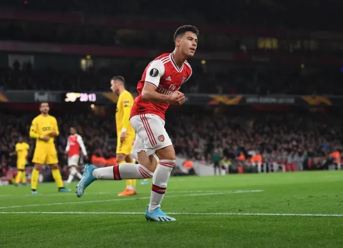 Framed Print : Arsenal's Martinelli Scores First Goal in Europa League Victory over Standard Liege Framed Print : Arsenal's Martinelli Scores First Goal in Europa League Victory over Standard Liege
