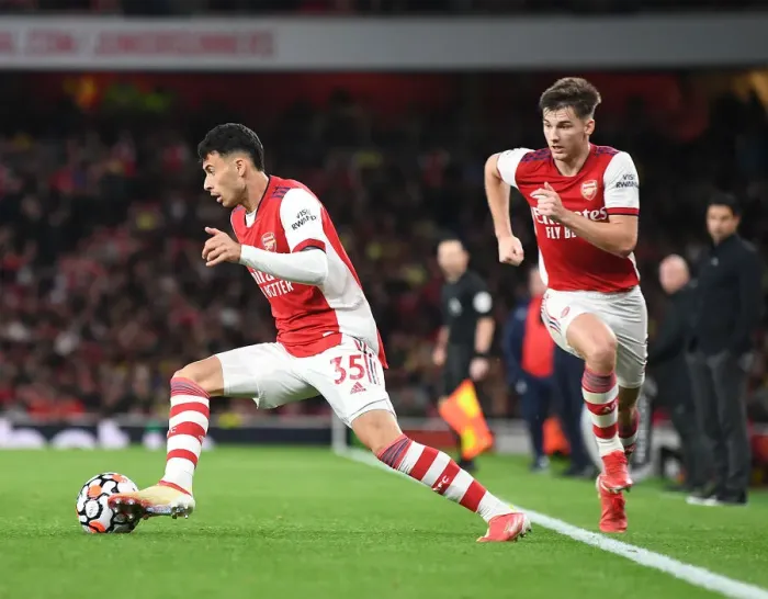 Framed Print : Arsenal's Martinelli and Tierney in Action against Crystal Palace (2021-22) Framed Print : Arsenal's Martinelli and Tierney in Action against Crystal Palace (2021-22)