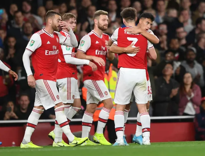 Framed Print : Arsenal's Martinelli and Tierney Celebrate First Goal vs. Nottingham Forest in Carabao Cup Framed Print : Arsenal's Martinelli and Tierney Celebrate First Goal vs. Nottingham Forest in Carabao Cup