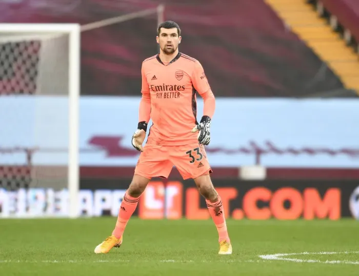 Framed Print : Arsenal's Mat Ryan in Action at Empty Villa Park: Premier League 2021