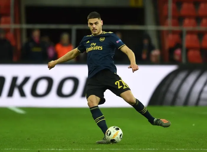 Framed Print : Arsenal's Mavropanos in Action: Standard Liege vs. Arsenal, UEFA Europa League (December 2019)