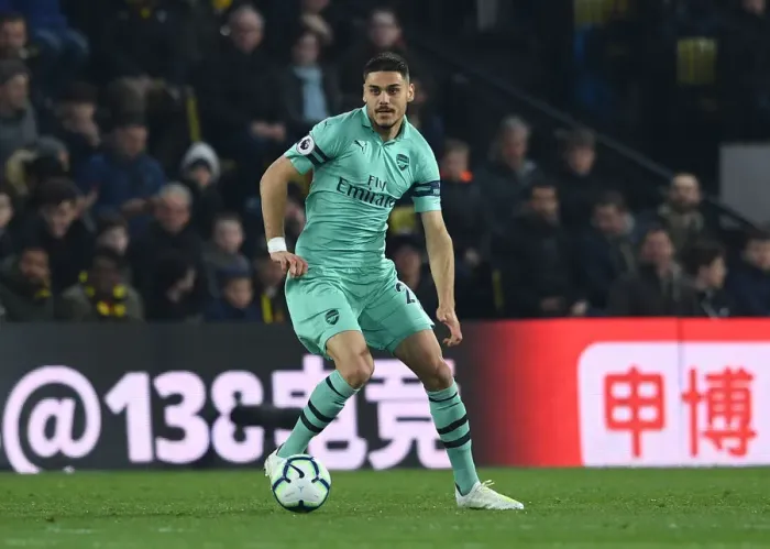 Framed Print : Arsenal's Mavropanos in Action against Watford in Premier League Clash (2018-19)