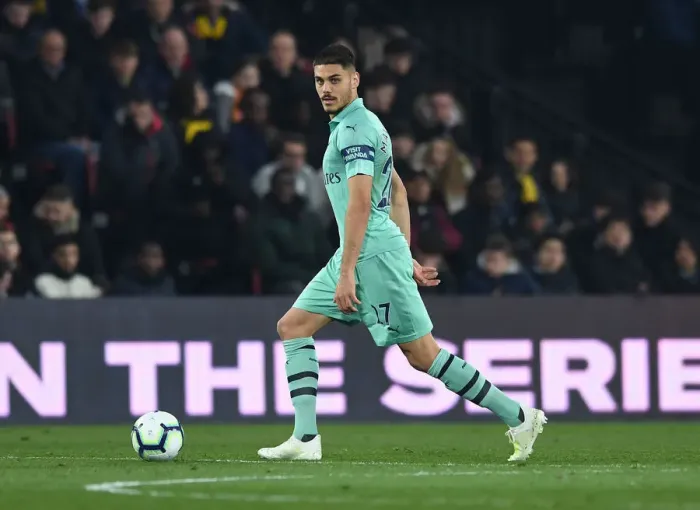 Framed Print : Arsenal's Mavropanos Faces Off Against Watford in Premier League Clash