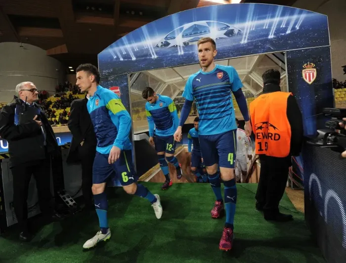 Framed Print : Arsenal's Mertesacker and Koscielny Prepare for Monaco Showdown in Champions League Framed Print : Arsenal's Mertesacker and Koscielny Prepare for Monaco Showdown in Champions League