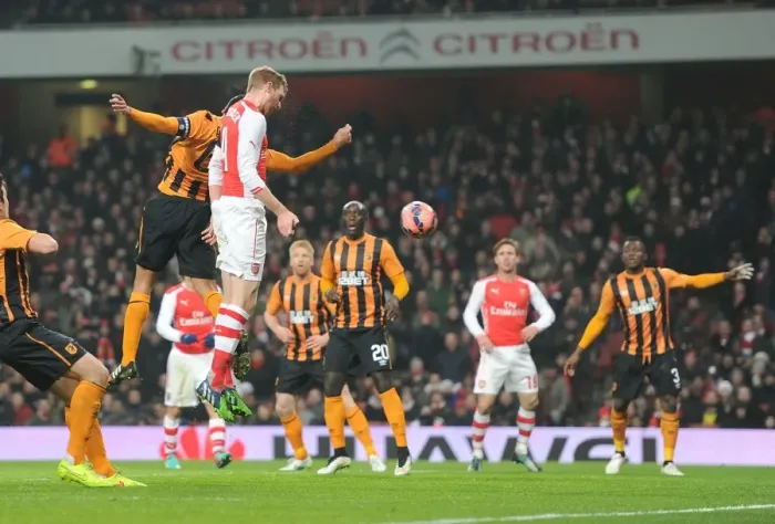 Framed Print : Arsenal's Per Mertesacker Scores Heading Goal Against Hull City in FA Cup Third Round