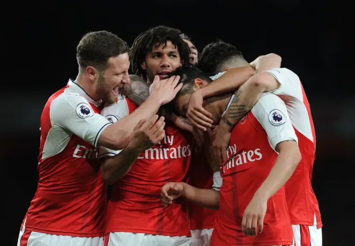 Framed Print : Arsenal's Mesut Ozil, Mohamed Elneny, and Shkodran Mustafi Celebrate Goal vs West Ham United (2016-17)