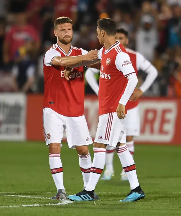 Framed Print : Arsenal's Mesut Ozil Receives Captain's Armband from Shkodran Mustafi during Colorado Rapids Match, 2019