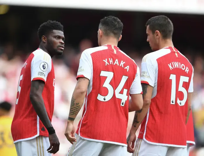 Framed Print : Arsenal's Midfield Trio: Partey, Xhaka, and Kiwior in Action against Wolverhampton Wanderers (2022-23) Framed Print : Arsenal's Midfield Trio: Partey, Xhaka, and Kiwior in Action against Wolverhampton Wanderers (2022-23)