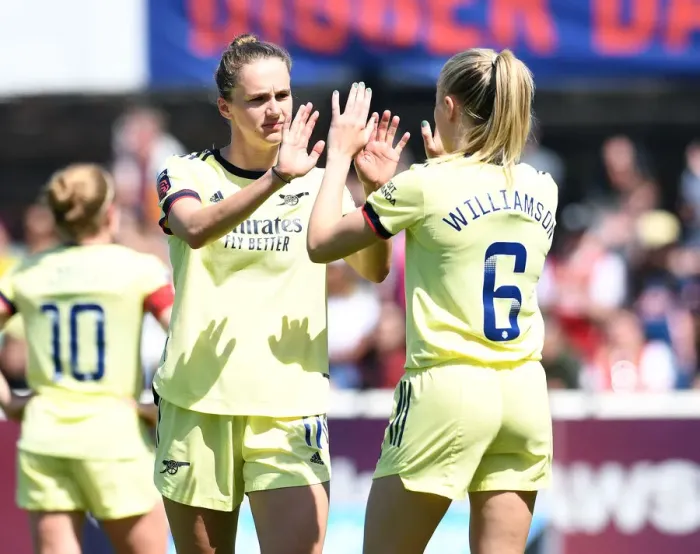 Framed Print : Arsenal's Miedema and Williamson in Action against West Ham Women in FA WSL Showdown