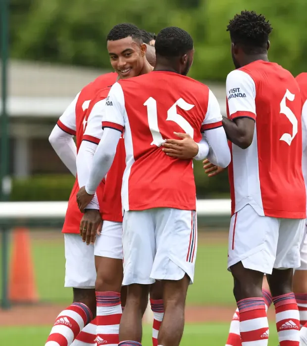 Framed Print : Arsenal's Miguel Azeez and Ainsley Maitland-Niles Celebrate Goal in Arsenal v Watford Pre-Season Friendly (2021-22)
