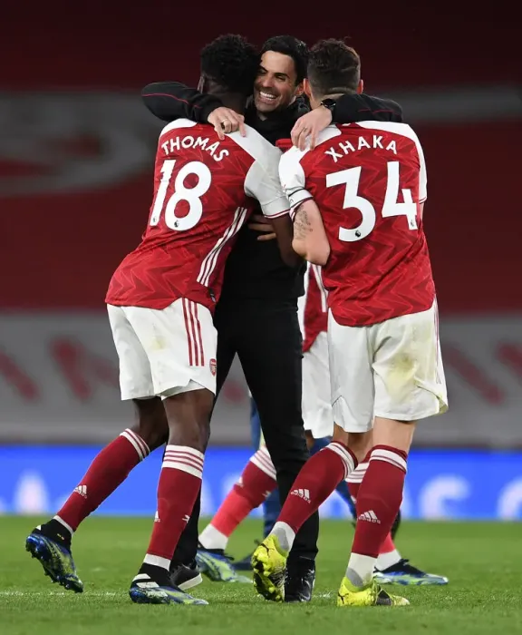 Framed Print : Arsenal's Mikel Arteta Celebrates with Partey and Xhaka after Arsenal vs. Tottenham Premier League Match