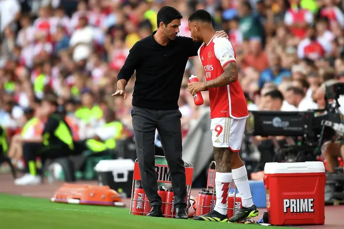 Framed Print : Arsenal's Mikel Arteta Consoles Gabriel Jesus Amidst Manchester United Tension (2023-24) Framed Print : Arsenal's Mikel Arteta Consoles Gabriel Jesus Amidst Manchester United Tension (2023-24)