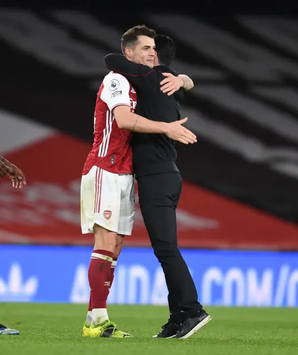Framed Print : Arsenal's Mikel Arteta Embraces Granit Xhaka Amid Empty Emirates Stadium: Arsenal v Tottenham Hotspur, Premier League 2021 Framed Print : Arsenal's Mikel Arteta Embraces Granit Xhaka Amid Empty Emirates Stadium: Arsenal v Tottenham Hotspur, Premier League 2021