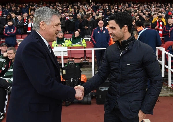 Arsenal's Mikel Arteta and Everton's Carlo Ancelotti Exchange Pre-Match Greetings at Emirates Stadium
