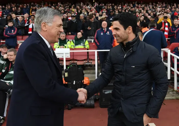 Framed Print : Arsenal's Mikel Arteta and Everton's Carlo Ancelotti Exchange Pre-Match Greetings at Emirates Stadium Framed Print : Arsenal's Mikel Arteta and Everton's Carlo Ancelotti Exchange Pre-Match Greetings at Emirates Stadium