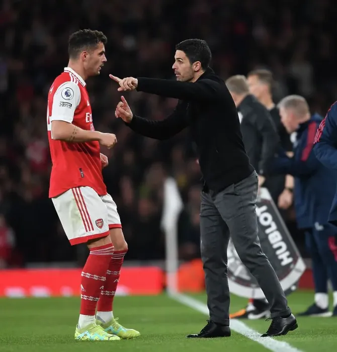 Framed Print : Arsenal's Mikel Arteta and Granit Xhaka: United in Focus during Arsenal vs. Chelsea (2022-23)