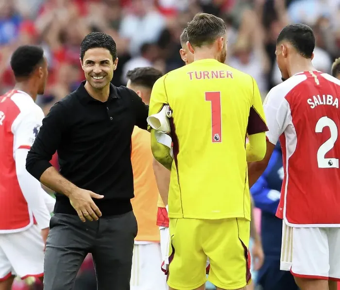 Framed Print : Arsenal's Mikel Arteta Interacts with Nottingham Forest's Matt Turner After 2023-24 Premier League Match Framed Print : Arsenal's Mikel Arteta Interacts with Nottingham Forest's Matt Turner After 2023-24 Premier League Match