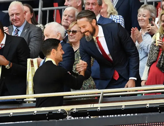 Framed Print : Arsenal's Mikel Arteta and Josh Kroenke Celebrate FA Community Shield Victory over Manchester City (2023-24)
