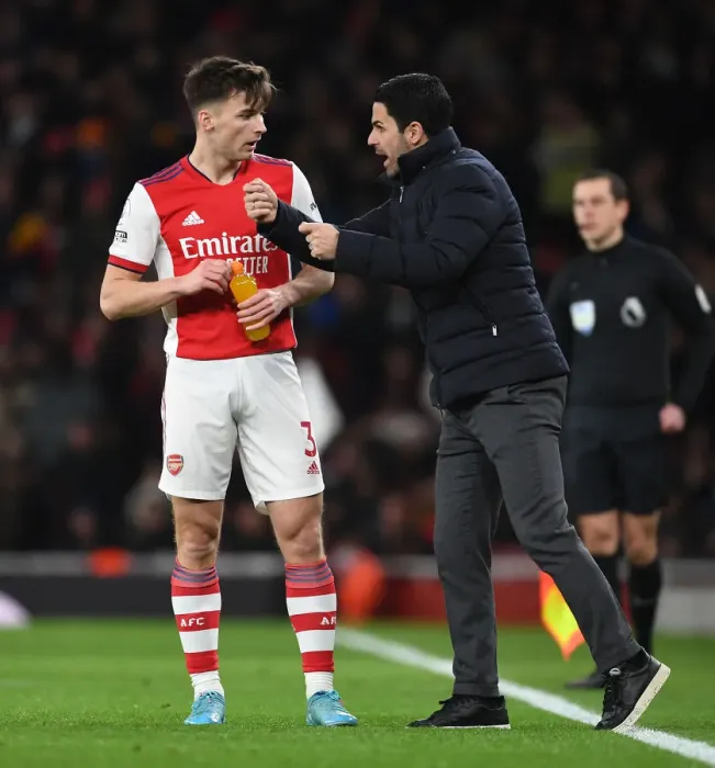 Framed Print : Arsenal's Mikel Arteta and Kieran Tierney during Arsenal vs. Wolverhampton Wanderers, 2021-22 Premier League