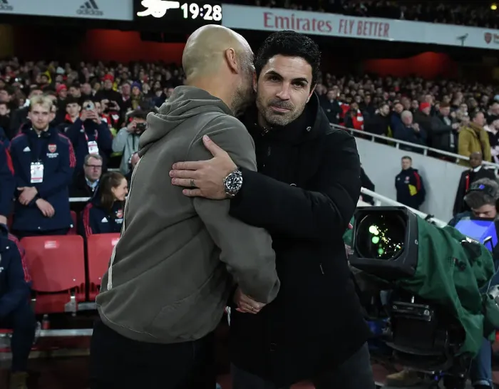Framed Print : Arsenal's Mikel Arteta and Manchester City's Pep Guardiola Pre-Match Handshake - Premier League 2022-23