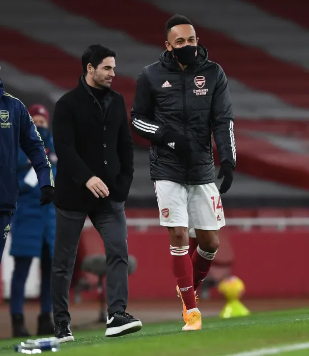 Framed Print : Arsenal's Mikel Arteta and Pierre-Emerick Aubameyang Celebrate Win Against Newcastle United in Empty Emirates Stadium (Arsenal v Newcastle United 2021)