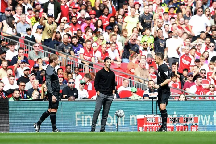 Framed Print : Arsenal's Mikel Arteta Receives Yellow Card in FA Community Shield Clash Against Manchester City